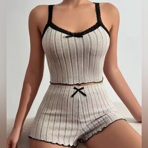 NWT Ribbed Knit Lace-Trim Cami & Short Pajama Set - Grey - Size XLarge